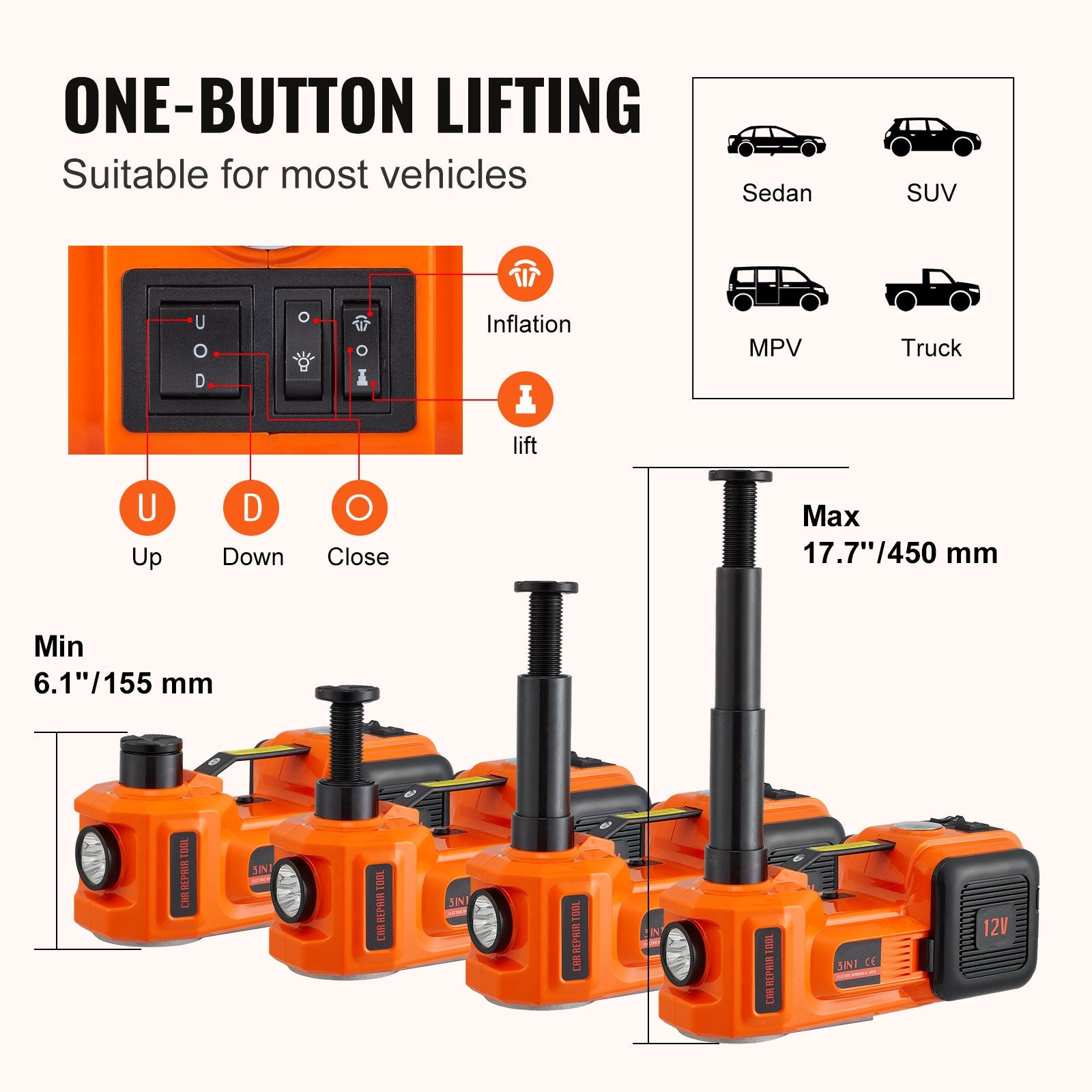 Elektrisk domkraft - 12 V - 5 t - Set för hjulbyte - Multifunktionell